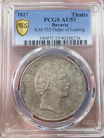 万国钱币拍卖第063期 - PCGS AU53 1827年巴伐利亚路德维希勋章历史大泰勒 1827年8月25日路德维希一世以国王之名设立路德维希勋章 用以表彰为王国服务满50周年的杰出人员 并敕令造币厂发行此历史泰勒加以纪念 系列中罕见品种 欧陆原味酱彩状态舒适