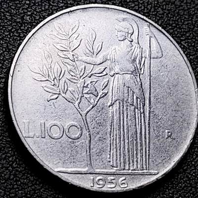 泉币菌-第213场-拍品多 请提前出价（工作最近较忙 发货不及时，望理解） - 1956 意大利早期100里拉 月亮和记忆女神密涅瓦 不锈钢币 27.8mm