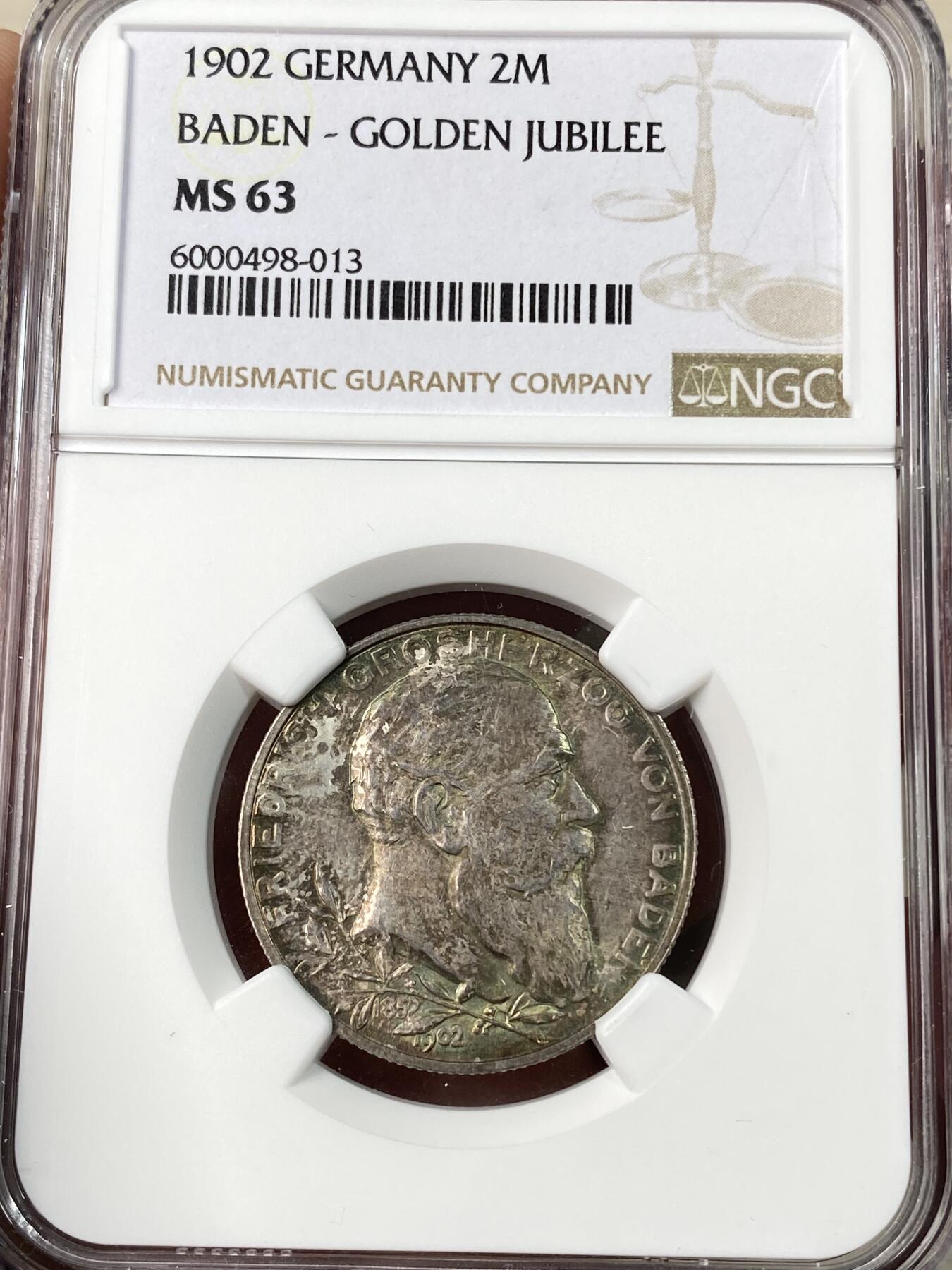 万国钱币拍卖第063期 NGC MS63 1902年德国巴登登基纪念长翅2马克 原味酱彩收藏级