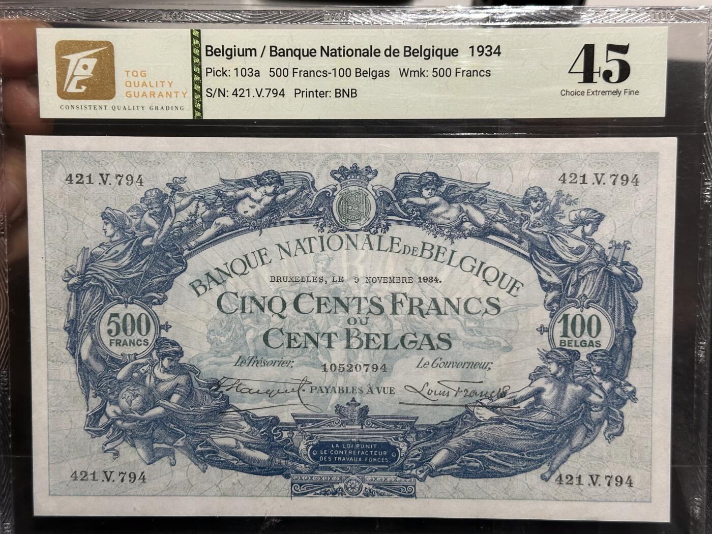 《外钞收藏家》第六百一十九期（精品场）（长期征集拍品、欢迎藏友们联系合作） 1934年比利时500法郎 TQG45