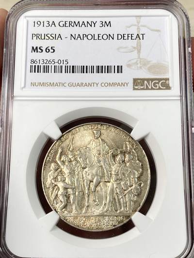 万国钱币拍卖第063期 - NGC MS65 1913德国普鲁士战胜拿破仑纪念3马克 香槟金彩丝绸转光BU品质