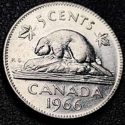 泉币菌-第213场-拍品多 请提前出价（工作最近较忙 发货不及时，望理解） - 1966年 加拿大1964年 5分镍币 伊丽莎白二世 21mm
