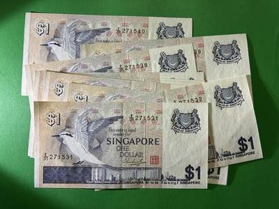 咖啡豆•收藏 2026年Mar_24th世界各国纸币拍卖 - 10枚 连号 新加坡 1976年 1新元 美品UNC- 软折 外国 亚洲纸币