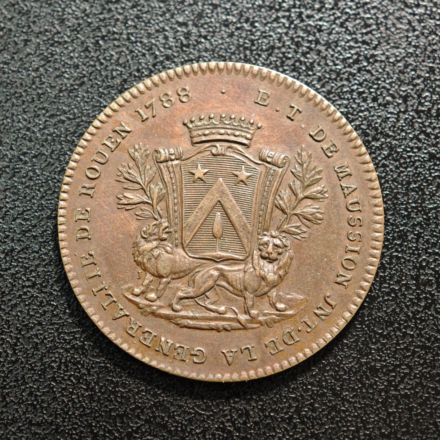 【德藏】世界币章拍卖第168期（拍品征集中~欢迎藏友联系） 1788年 法国鲁昂行政区代用币铜章 直径约：28.7mm；重约：7.3g