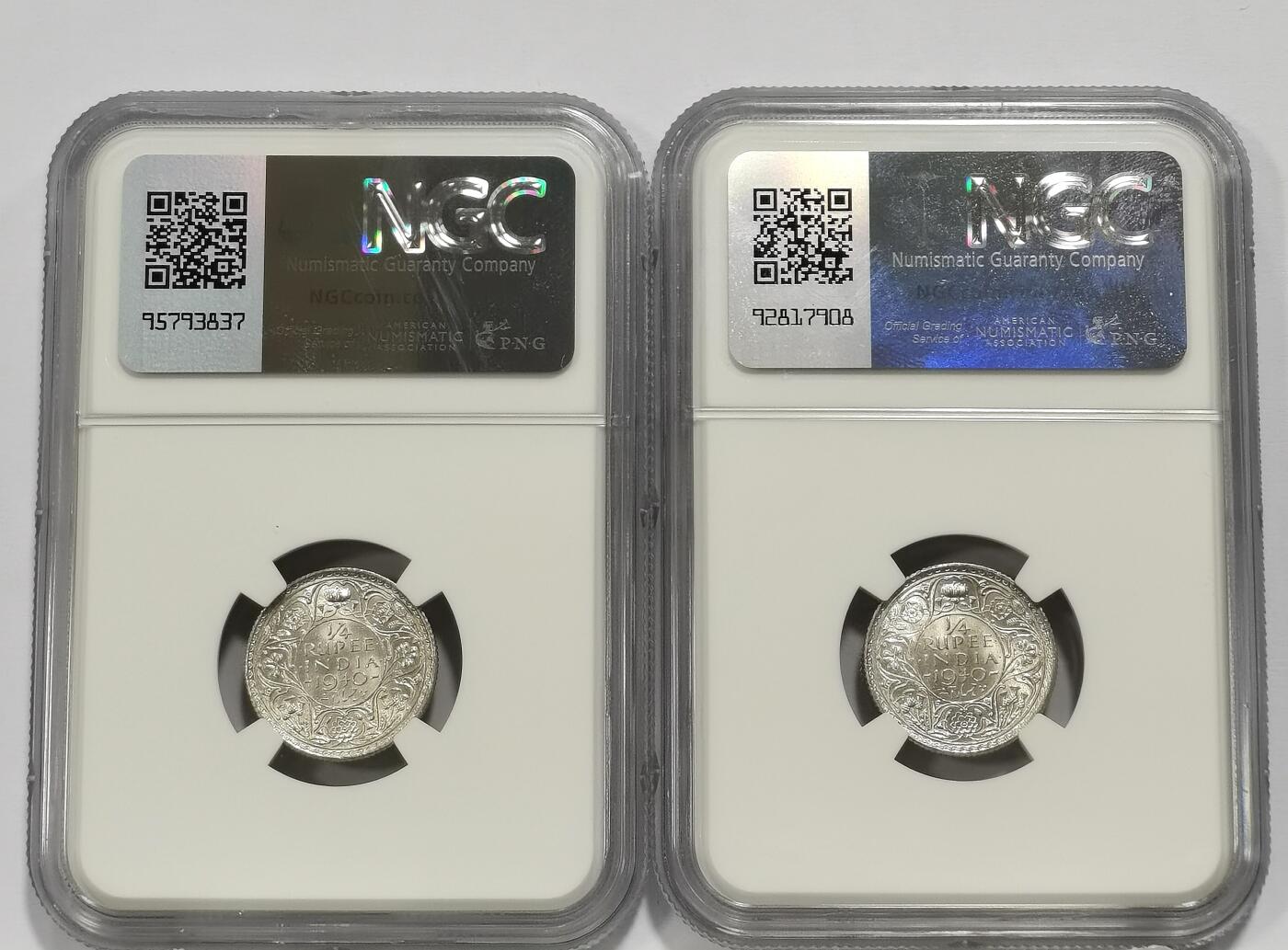 博洋堂世界钱币拍卖第165期（全场包邮） NGC MS63 英属印度1940年C版乔治六世1/4卢比银币2枚一对