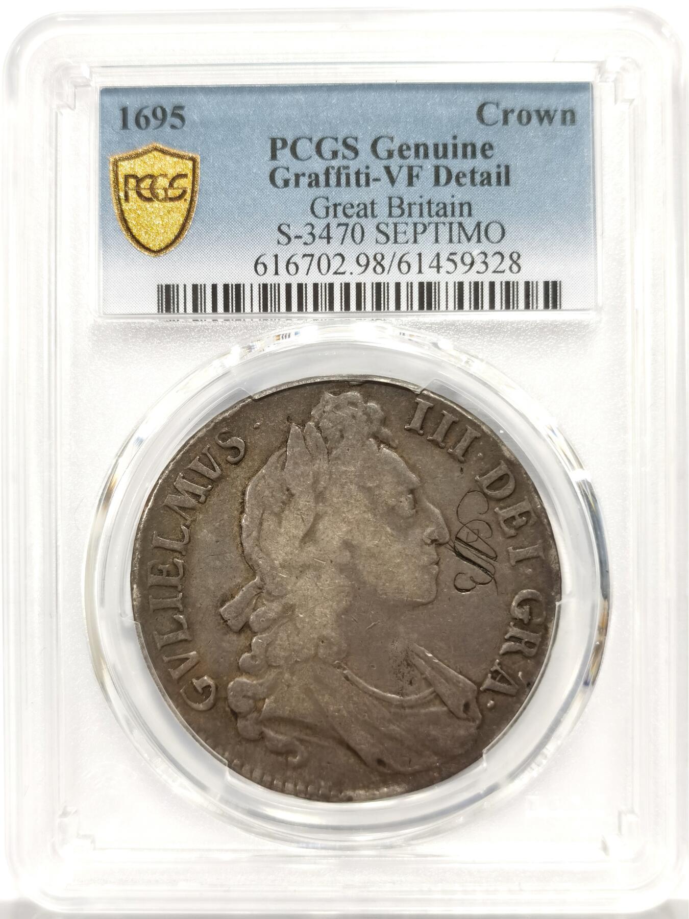 博洋堂世界钱币拍卖第165期（全场包邮） PCGS VF 英国1695年威廉三世1克朗大银币，300多年的大银，细节包浆不错