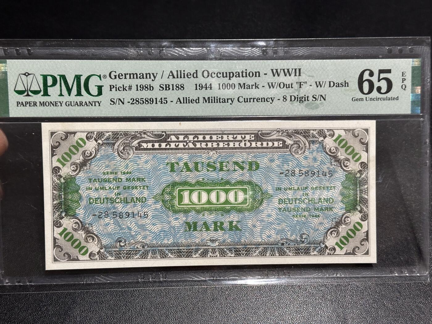《外钞收藏家》第六百一十九期（精品场）（长期征集拍品、欢迎藏友们联系合作） 1944年二战盟军占领德国1000马克 PMG65