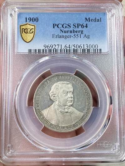 万国钱币拍卖第063期 - PCGS SP64 1900年德国纽伦堡女子学园成立25周年纪念银章 经典纽伦堡城市景观 浮雕镜面 罕见品种PC唯一冠军分