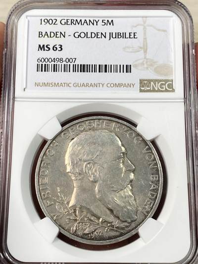万国钱币拍卖第063期 - NGC MS63 1902德国巴登大公执政金禧纪念长翅5马克 转光底板原味德式淡彩环绕