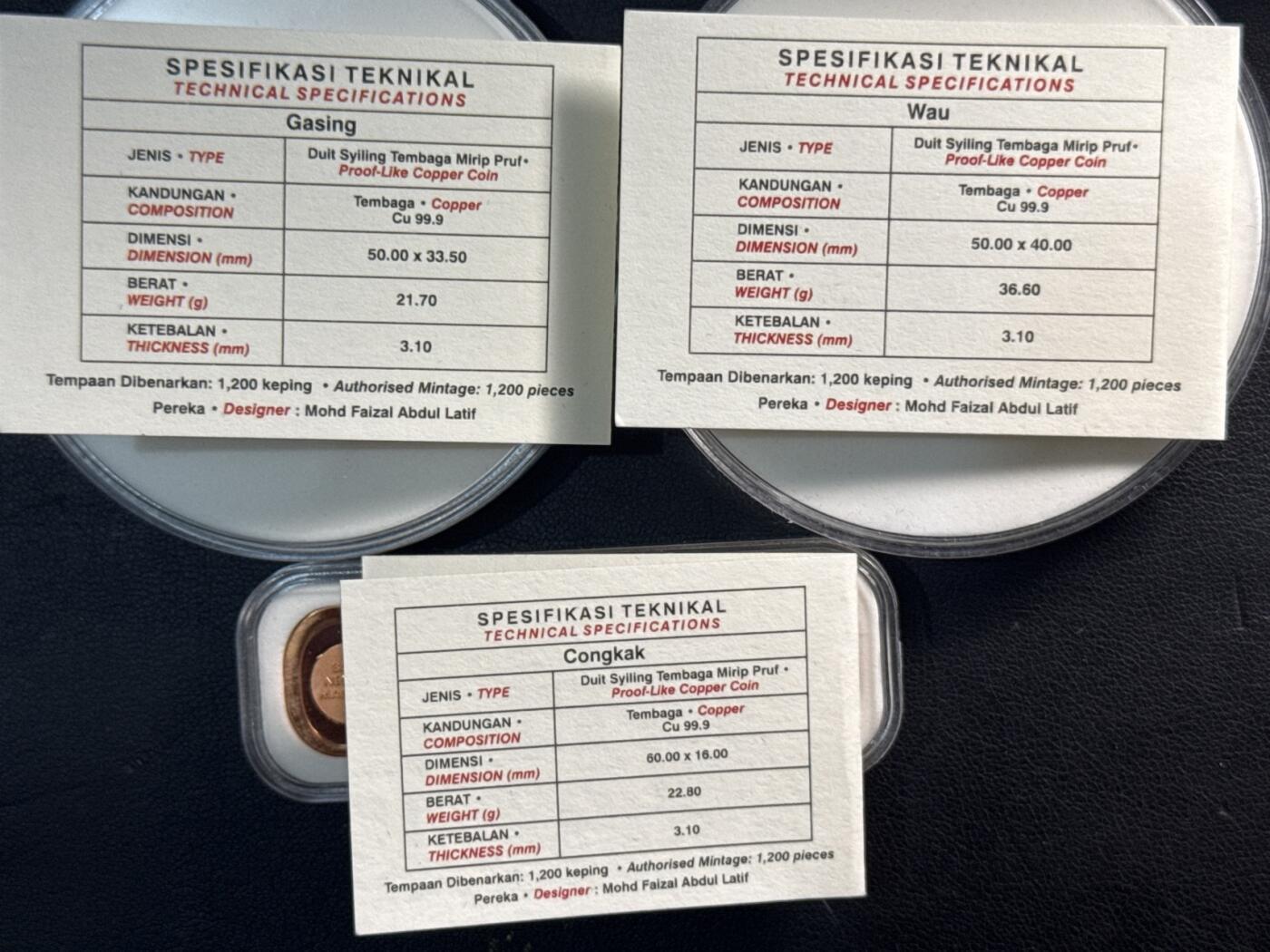 ❤️【币观天下】❤️ 第345期钱币拍卖场- 2026.3.20周五晚上6点半场 长期征集拍品  马来西亚2021年吉朗王银行成立50周年异形精制铜币三枚套装（传统风筝，传统陀螺，传统播棋）发行量1200套