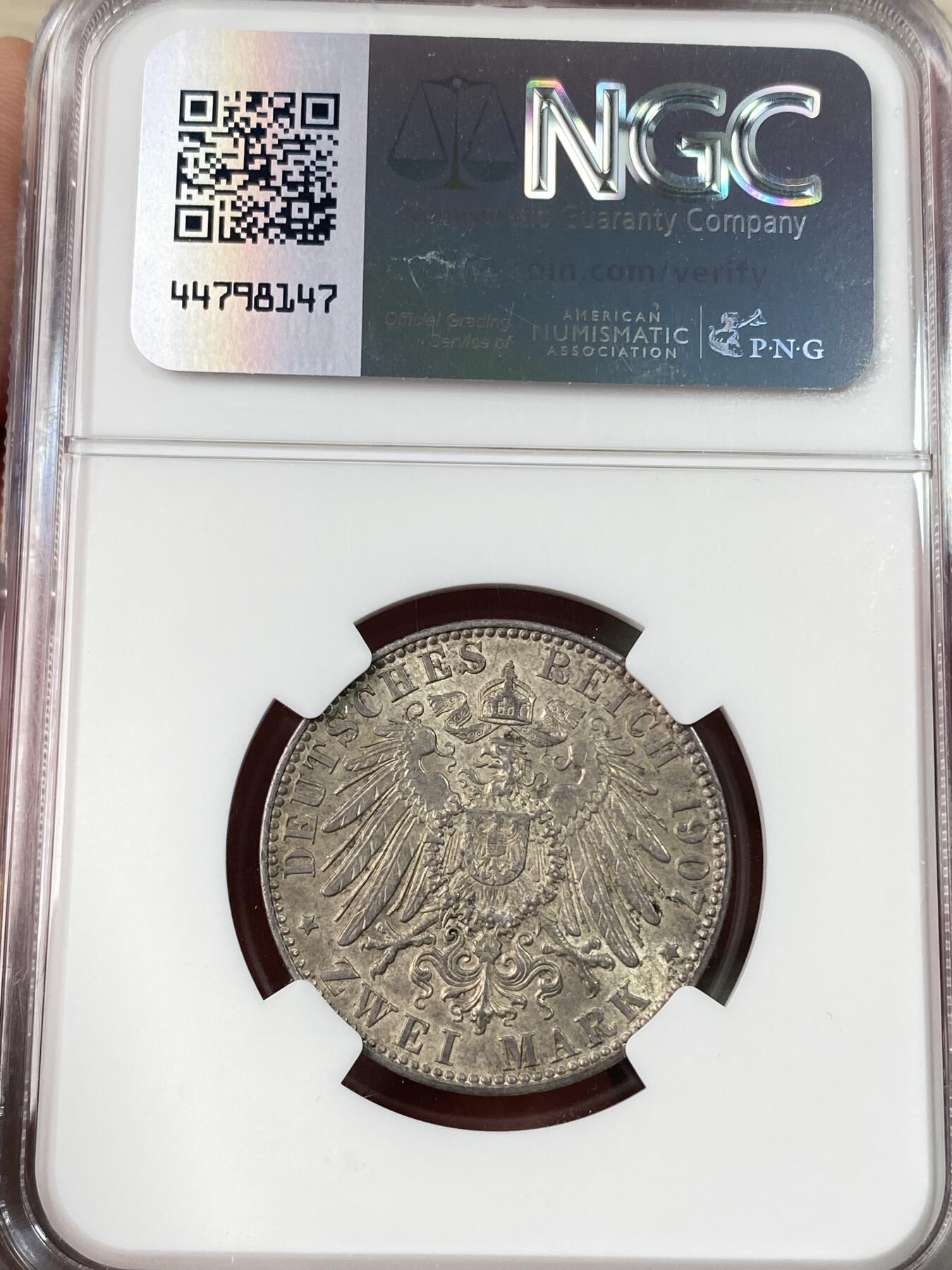 万国钱币拍卖第063期 NGC MS62 1907德国汉堡自由市流通长翅2马克银币 原光淡彩极美