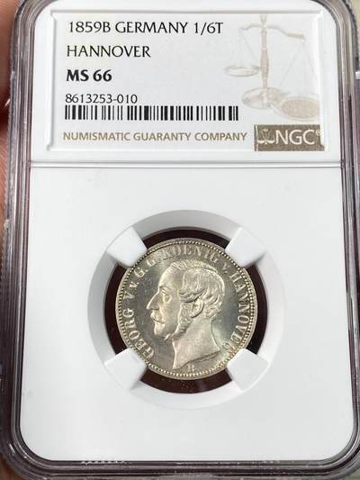 万国钱币拍卖第063期 - NGC MS66 1859年德国汉诺威1/6泰勒 无论底板 光度 还是打制均无可挑剔的顶级GEM品相 小中见大的典藏品质