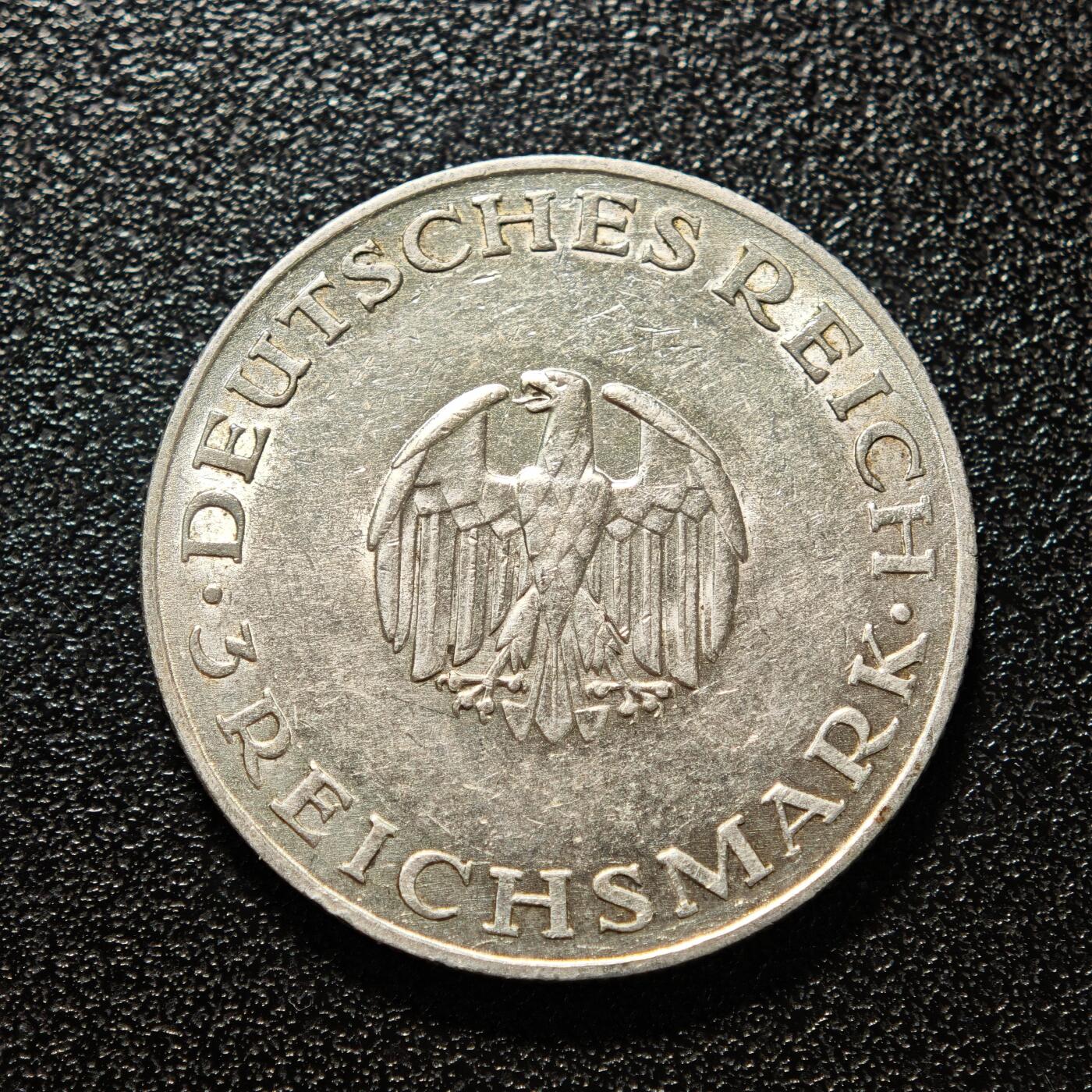 【德藏】世界币章拍卖第168期（拍品征集中~欢迎藏友联系） 1929年 德国魏玛莱辛3马克纪念银币 直径约：28.7mm；重约：15g