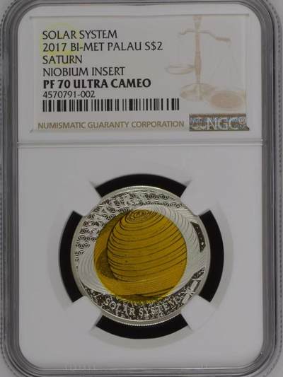 长老汇马年精选第十场拍卖 - 帕劳2017年 太阳系土星银铌双金属精制银币 三色材质，发行量3000枚，NGC PF70UC