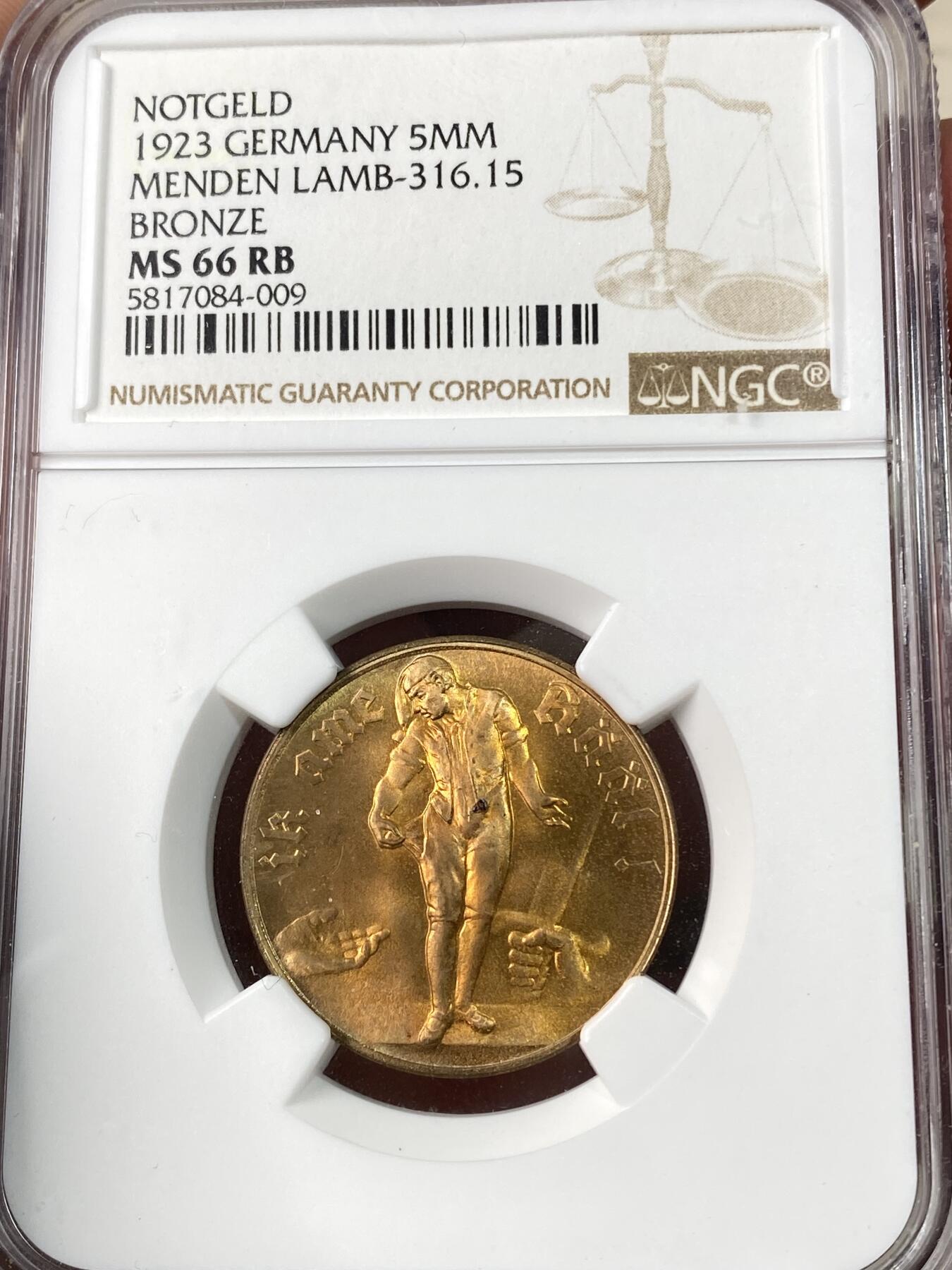 万国钱币拍卖第063期 NGC MS66 1923年德国门登紧急时期5MM铜币 一战战败后紧急时期代用币 虽然是紧急时期但工艺一点没有马虎 红铜光极美 GEM顶级品质