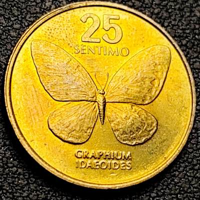 泉币菌-第213场-拍品多 请提前出价（工作最近较忙 发货不及时，望理解） - 原铜光极美 蝴蝶菲律宾25分1984年 艺术家卢纳黄铜币 21.0mm3.9克