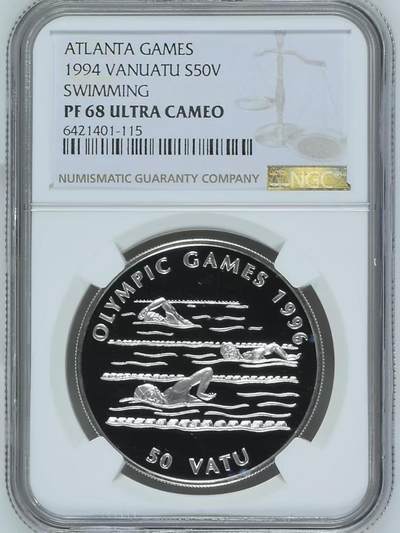 长老汇马年精选第十场拍卖 - 瓦努阿图1994年亚特兰大奥运会——游泳精制纪念银币 31.47克大银，NGC PF68UC  唯二冠军分