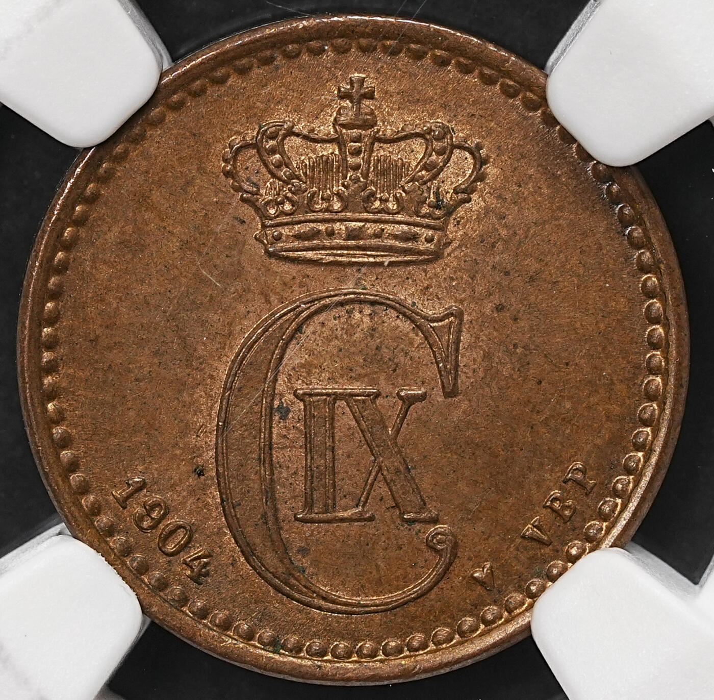 修遠堂世界钱币第108期 NGC MS64BN 1904年丹麦海豚1欧尔铜币