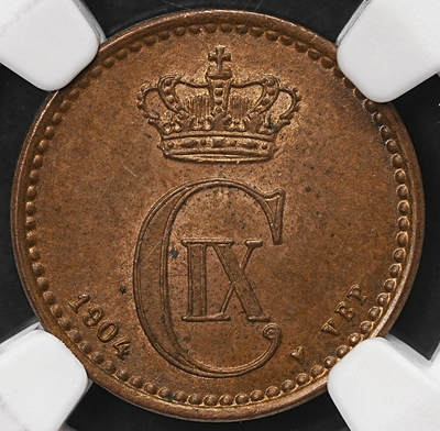 修遠堂世界钱币第108期 - NGC MS64BN 1904年丹麦海豚1欧尔铜币