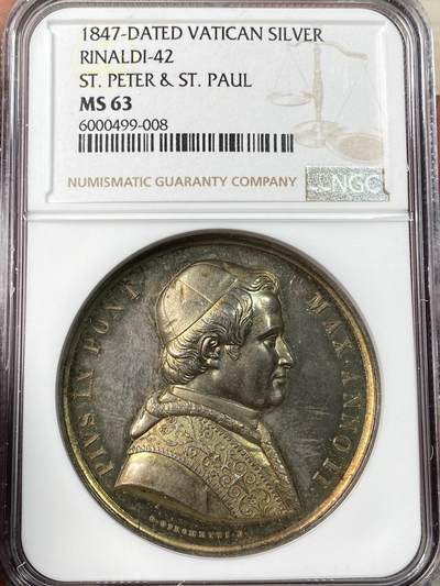 万国钱币拍卖第063期 - NGC MS63 1847年梵蒂冈教皇国庇护九世圣徒雕像纪念大银章 背面圣保罗大教堂双圣徒雕像 精铸镜面孔雀蓝彩超美