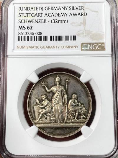万国钱币拍卖第063期 - NGC MS62 19世纪德国符腾堡-斯图加特大学学院银质奖章 罕见的学霸银章 智慧女神向学子献上祝福 浮雕表现感极强