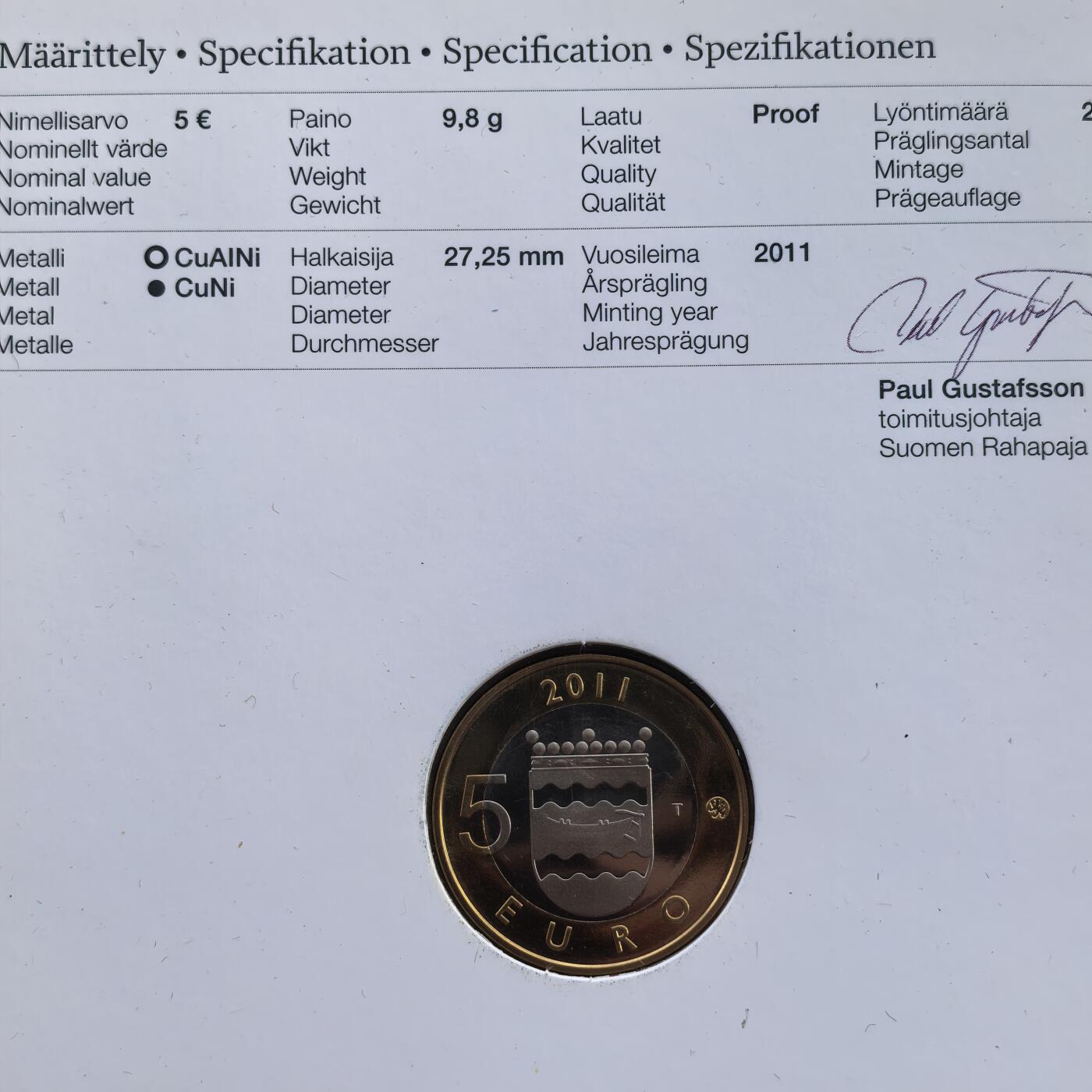 道一币馆币章第一百七十场 原包装 芬兰2011年新地乌西马5欧元精制纪念币