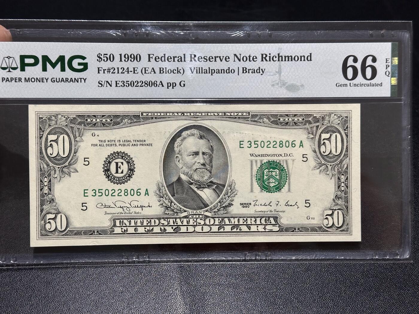 《外钞收藏家》第六百一十九期（精品场）（长期征集拍品、欢迎藏友们联系合作） 1990年美国小头版50美元 无47 PMG66