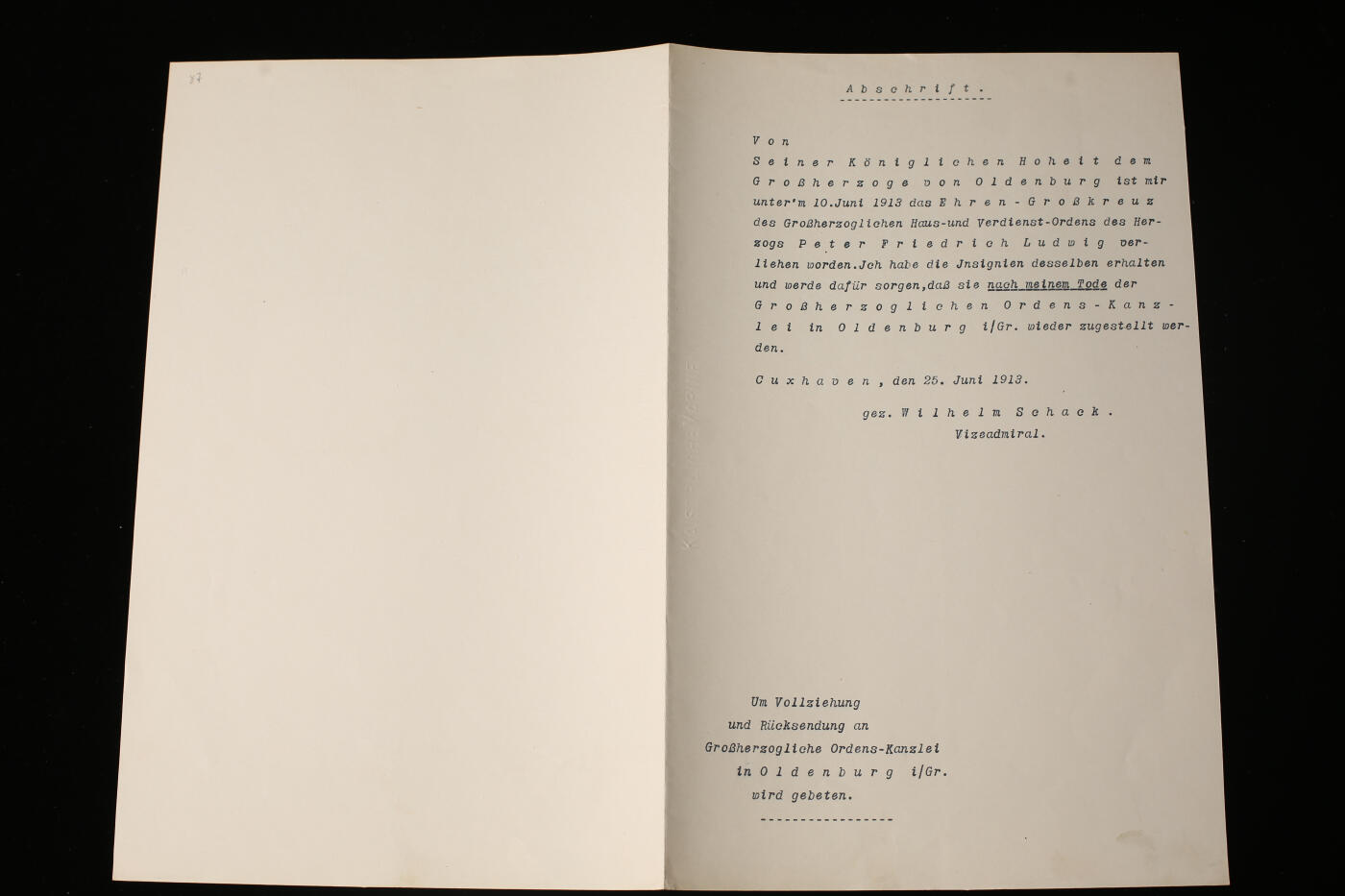 戎马世界章牌大赏第112期 德专场 海军中将 威廉沙克 确认会死后交回  大十字级  奥尔登堡彼得·弗里德里希·路德维希家族功绩勋章的回执 （这玩意应该是和证书一起寄来的，某种意义上算获得证明......吧？）