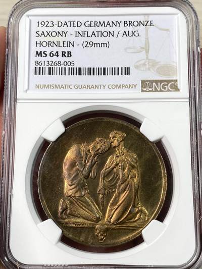 万国钱币拍卖第063期 - NGC MS64RB 1923年德国萨克森紧急时期通货膨胀纪念铜章 原铜光弗里德里希·威廉·霍恩莱因设计 穆尔登赫滕铸币厂造 背面是著名的“50万马克一块面包”式的物价指数