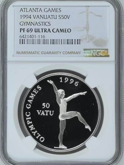 长老汇马年精选第十场拍卖 - 瓦努阿图1994年50瓦图亚特兰大奥运会——艺术体操精制纪念银币 31.47克大银，NGC PF69UC 唯二冠军分