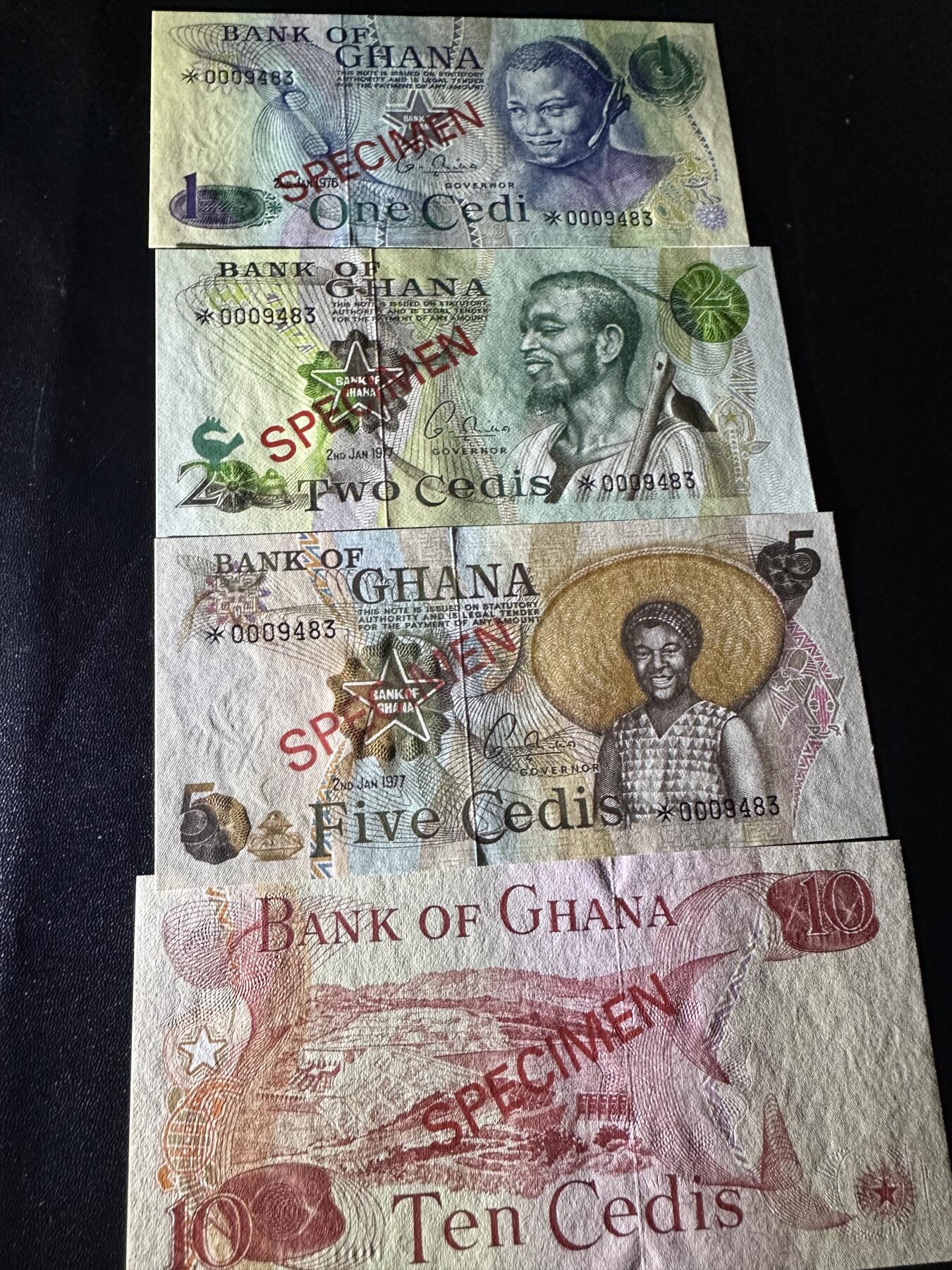 《外钞收藏家》第六百一十九期（精品场）（长期征集拍品、欢迎藏友们联系合作） 加纳政府官方发行 1-10面额 样钞 四张一起 全新带封套