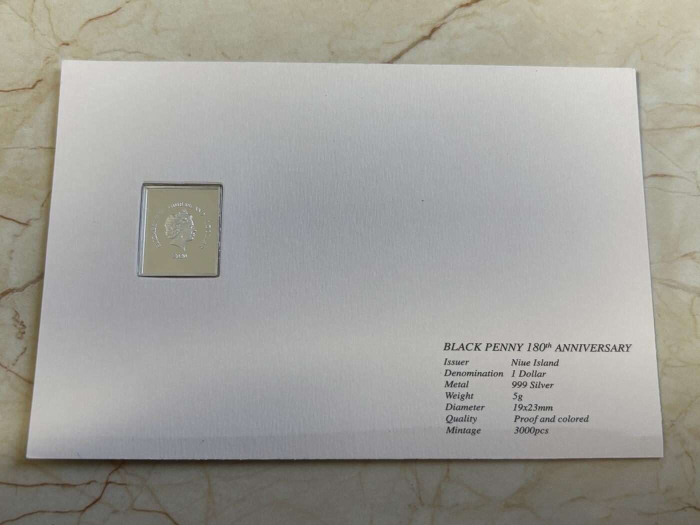 第194期拍卖 纽埃2020年黑便士邮票诞生180周年精制纪念银币，999银，5克，发行3000枚