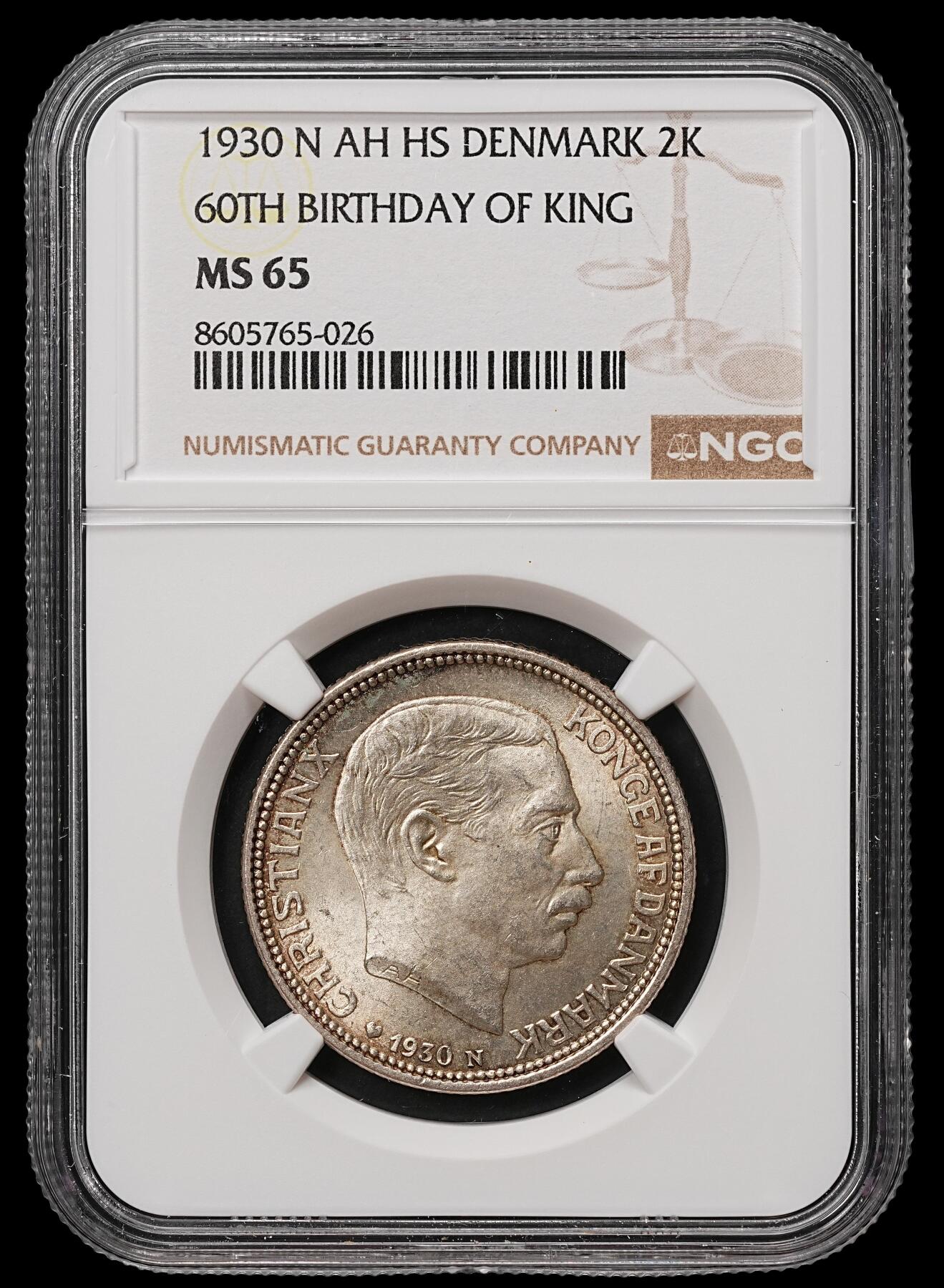 修遠堂世界钱币第108期 NGC MS65 1930年丹麦国王60大寿纪念2克朗银币