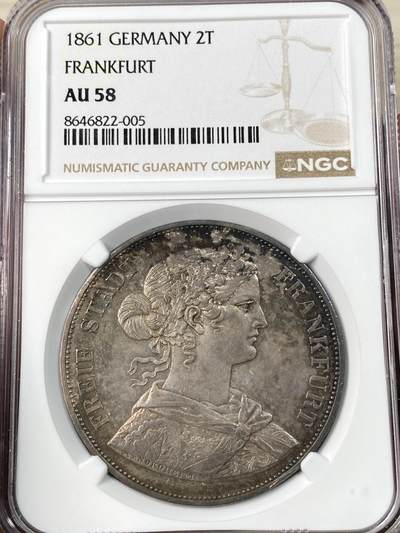 万国钱币拍卖第063期 - NGC AU58 1861年德国法兰克福少女流通2泰勒 经典法兰城少女2T 如油画般的绚烂七彩包浆环绕 可遇不可求的状态