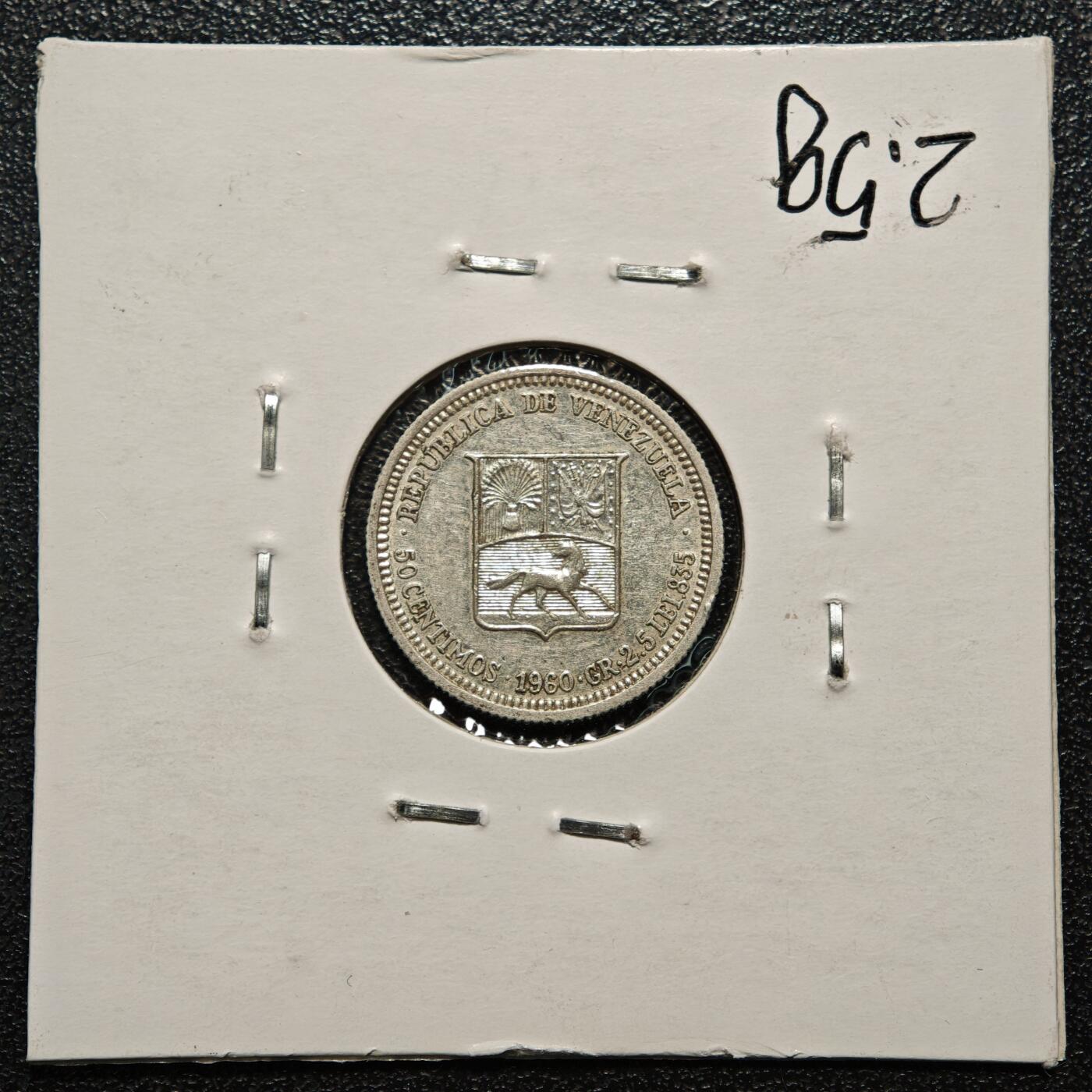 【德藏】世界币章拍卖第168期（拍品征集中~欢迎藏友联系） 老藏家集藏系列之- 1960年 委内瑞拉50分银币 835银 直径约：18mm；重约：2.5g 入册20余年·附有当年购入价