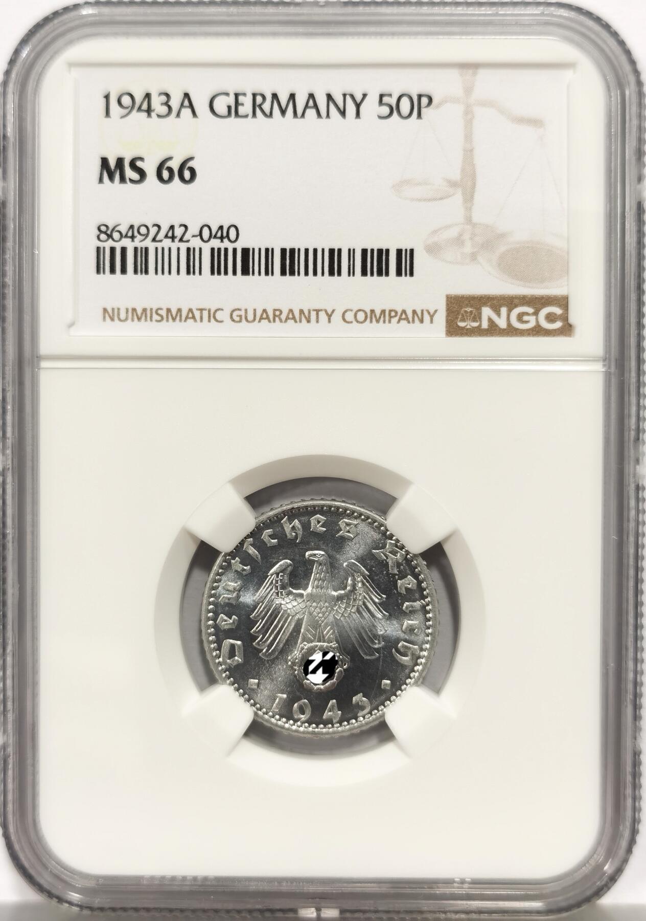 博洋堂世界钱币拍卖第165期（全场包邮） NGC MS66 德国第三帝国1943年A版50芬尼铝币，极致高分，仅有一枚更高