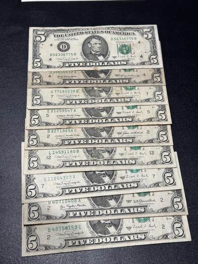 《外钞收藏家》第六百一十九期（精品场）（长期征集拍品、欢迎藏友们联系合作） - 1969、77、85和88年美国小头版5美元 9张一起 非全新 品相如图