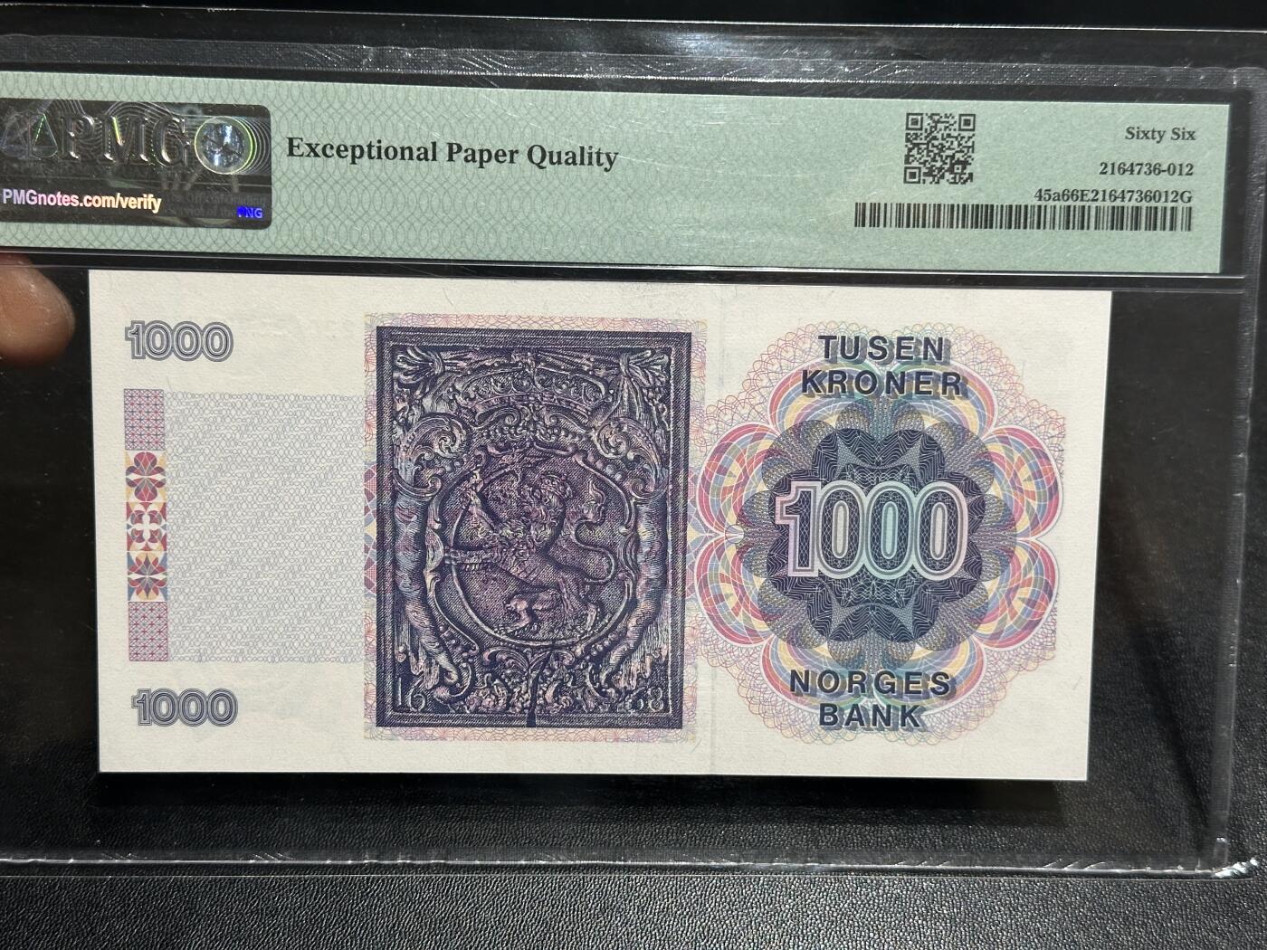 《外钞收藏家》第六百一十九期（精品场）（长期征集拍品、欢迎藏友们联系合作） 1990年挪威1000克朗 PMG66 