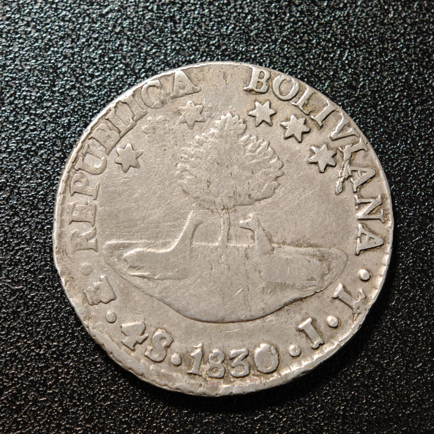 【德藏】世界币章拍卖第168期（拍品征集中~欢迎藏友联系） 1830年 玻利维亚西蒙·玻利瓦尔像4苏克雷银币 直径约：30.3mm；重约：13.2g