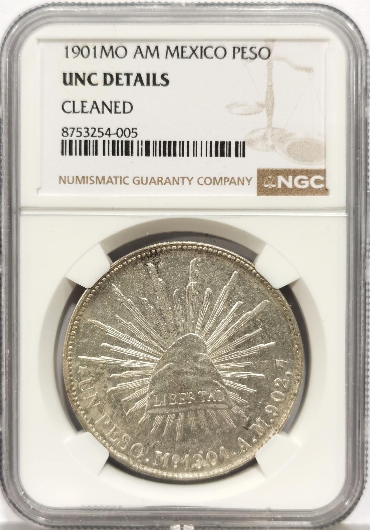 博洋堂世界钱币拍卖第165期（全场包邮） NGC UNCD 墨西哥1901年MO AM直边鹰洋，面值1比索