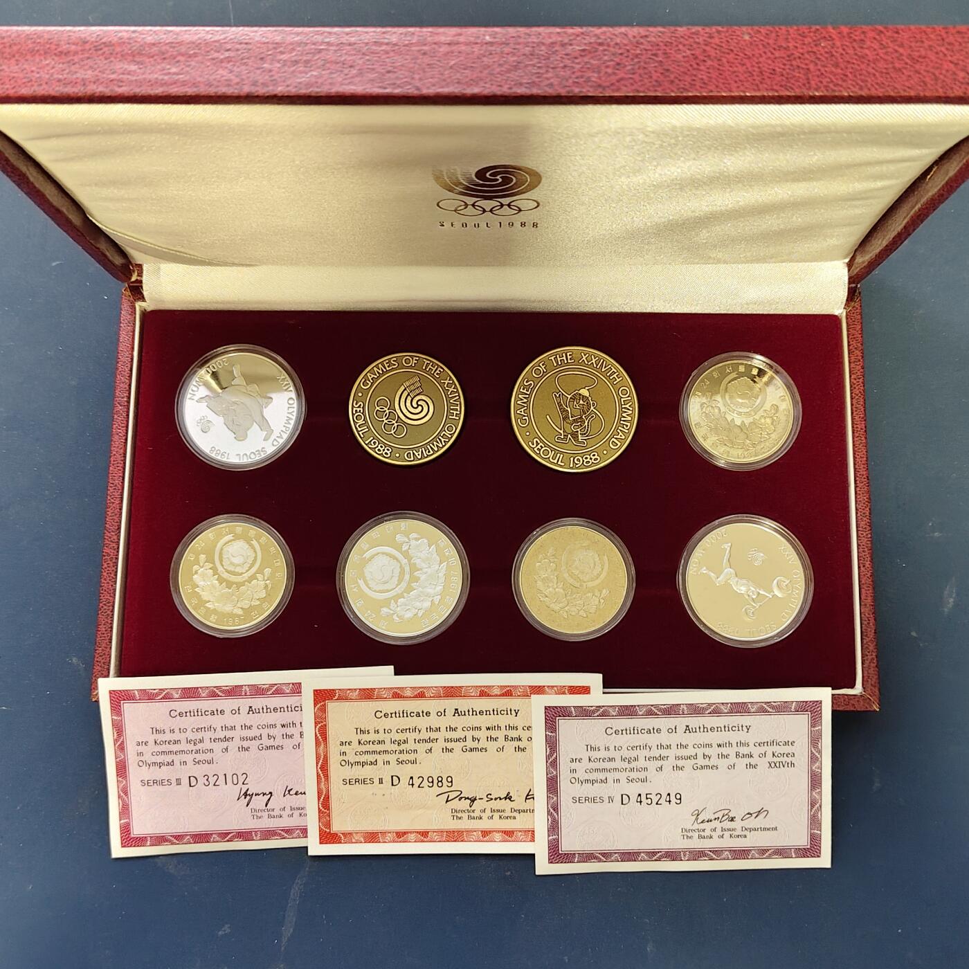 【全场包邮】纯粹捡漏拍513场 韩国1987-1988年首尔奥运会6币2章官方精制套币-盒证全