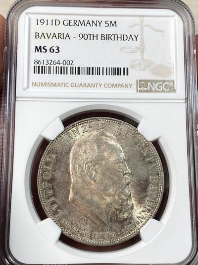 万国钱币拍卖第063期 - NGC MS63 1911年德国巴伐利亚摄政王利奥波德90大寿长翅5马克 原光状态淡彩极美