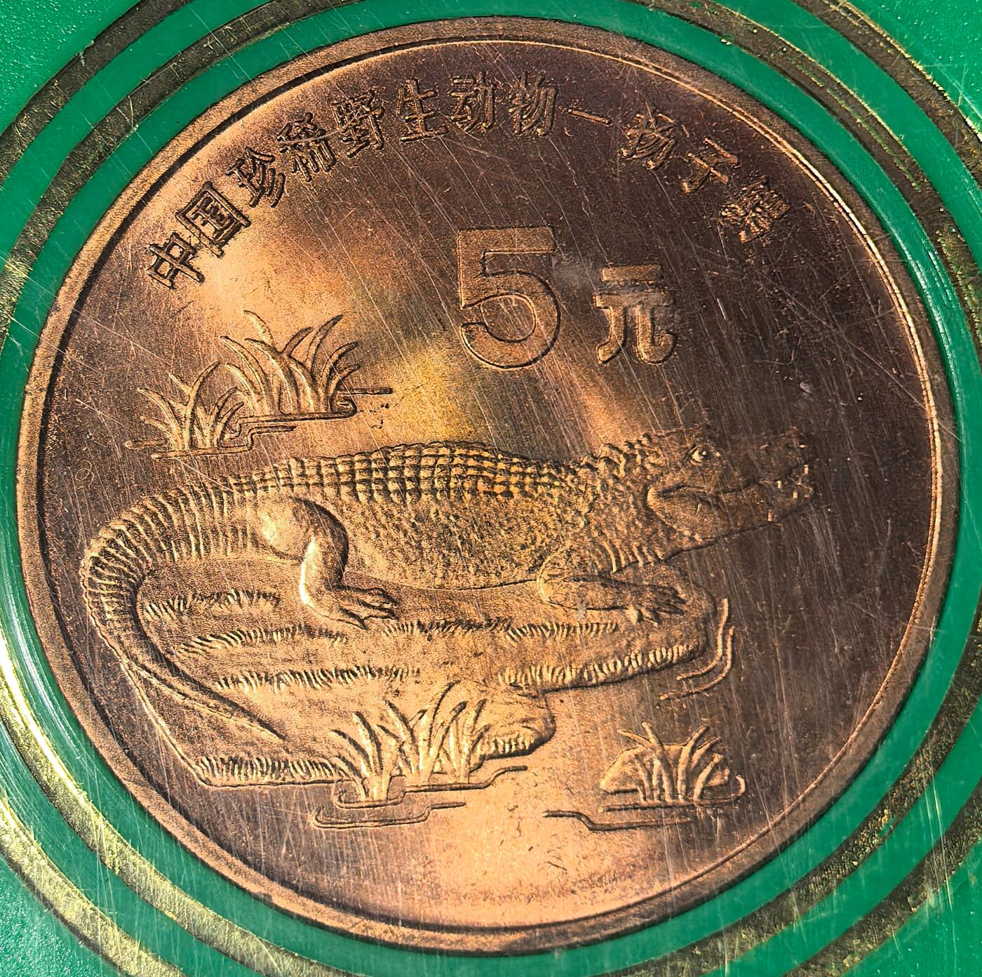 1998年中国珍惜野生动物扬子鳄纪念币，中国人民银行发行，原装绿盒，品相好，按图发货！