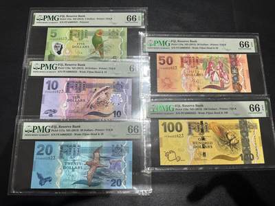 《外钞收藏家》第六百一十九期（精品场）（长期征集拍品、欢迎藏友们联系合作） - 2013年斐济5-100元 五张一起 FFA冠 全同号283 PMG66