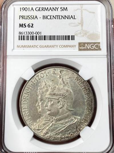 万国钱币拍卖第063期 - NGC MS62 1901年德国普鲁士建国200周年纪念长翅5马克 原味欧陆淡彩环绕 普鲁士经典品种