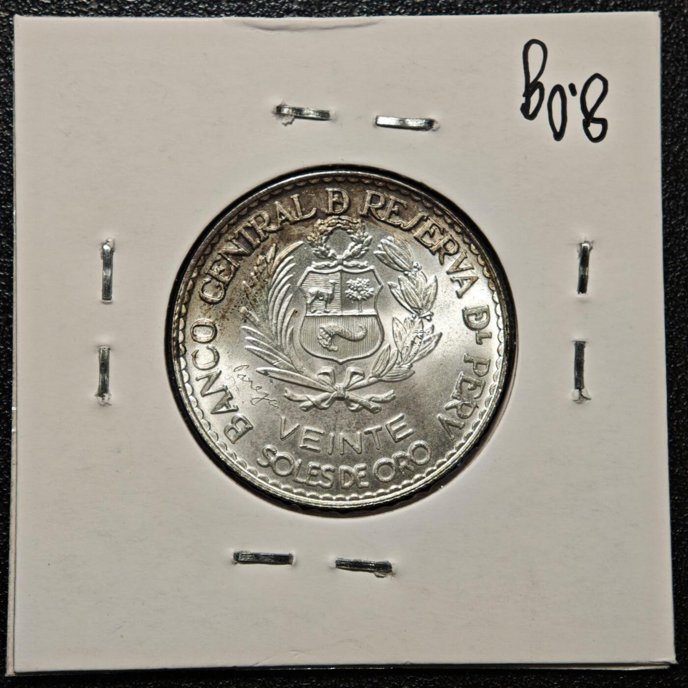 【德藏】世界币章拍卖第168期（拍品征集中~欢迎藏友联系） 老藏家集藏系列之- 1965年 秘鲁利马铸币局成立400周年20索尔纪念银币 900银 直径约：26mm；重约：8g 入册20余年·附有当年购入价