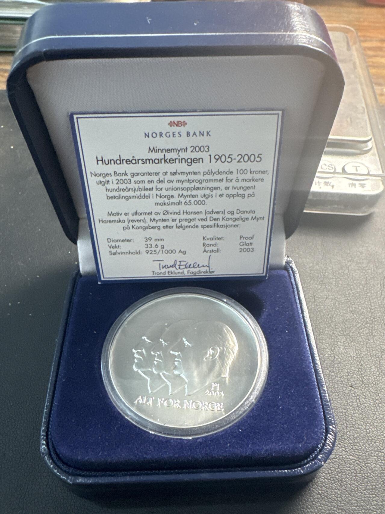 ❤️【币观天下】❤️ 第345期钱币拍卖场- 2026.3.20周五晚上6点半场 长期征集拍品  挪威2003年独立100周年精制纪念银币33.6克925银