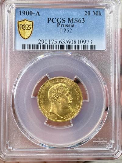 万国钱币拍卖第063期 - PCGS MS63 1900年德国普鲁士威廉二世长翅流通20马克金币 早期年份丝滑黄金转光收藏级 7.96g 900金