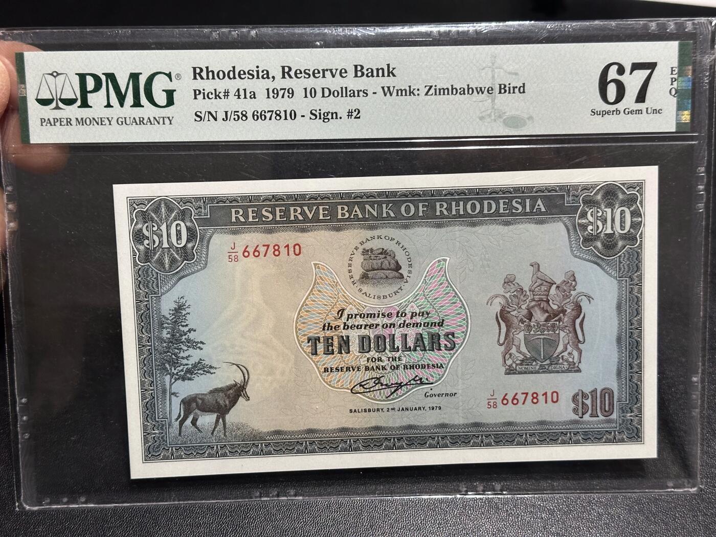 《外钞收藏家》第六百一十九期（精品场）（长期征集拍品、欢迎藏友们联系合作） 1979年罗得西亚10元 PMG67