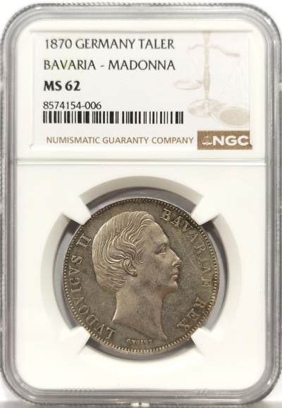 博洋堂世界钱币拍卖第165期（全场包邮） - NGC MS62 德国巴伐利亚1870年路德维希二世圣母抱婴1泰勒银币，经典的包浆。